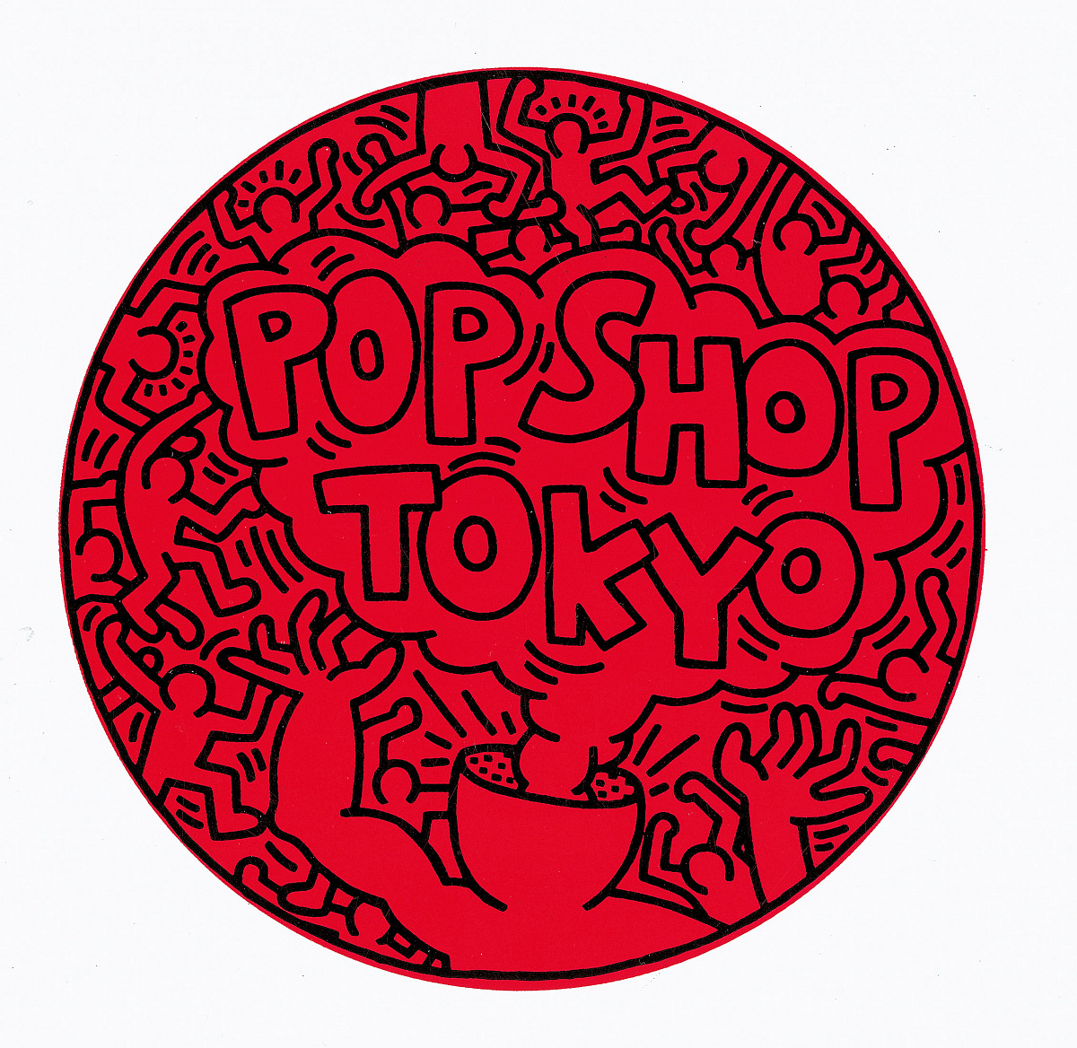 Red circle with black figures drawn inside. In the center is “Pop Shop Tokyo.”
