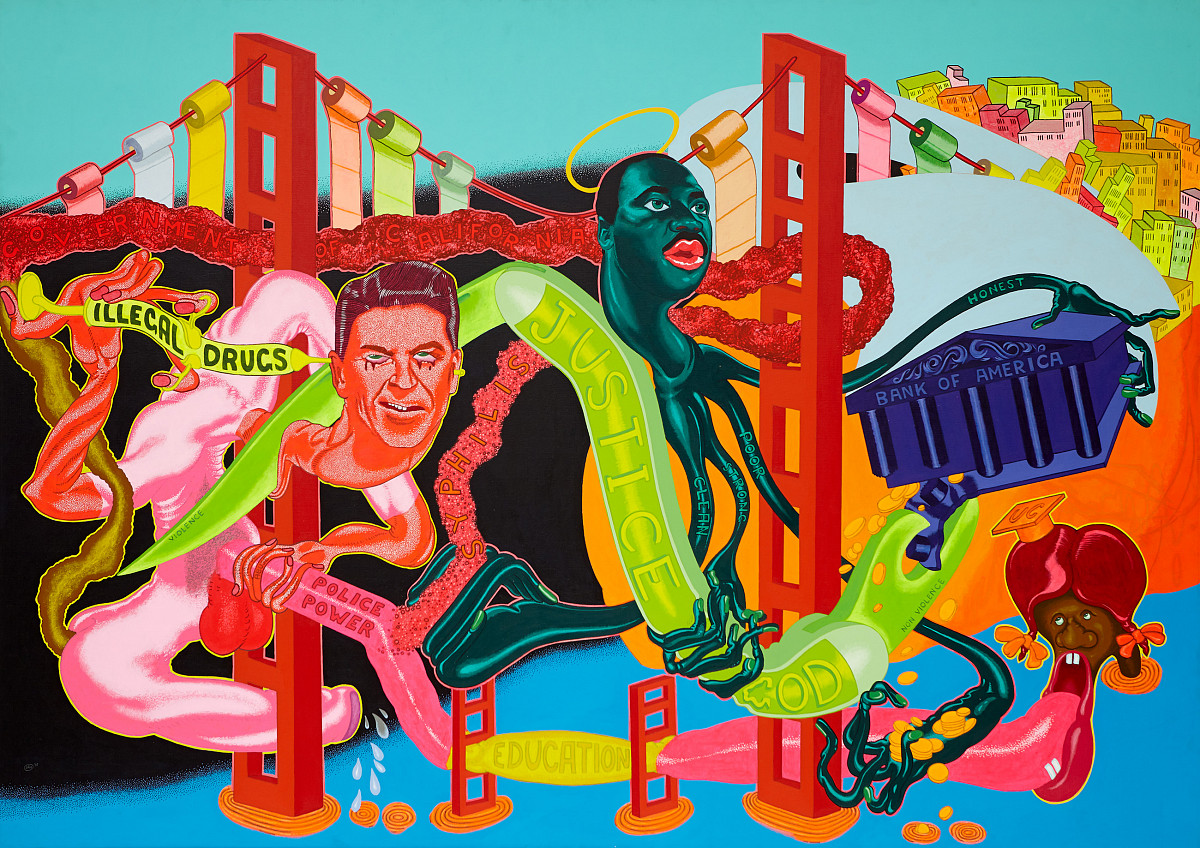 Colorful painting depicting the Golden Gate Bridge in its individual parts and human faces and figures.