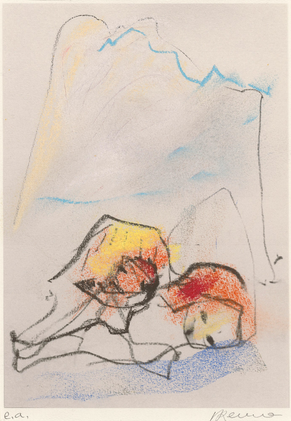 Drawing of a reclining figure in front of a mountain panorama.