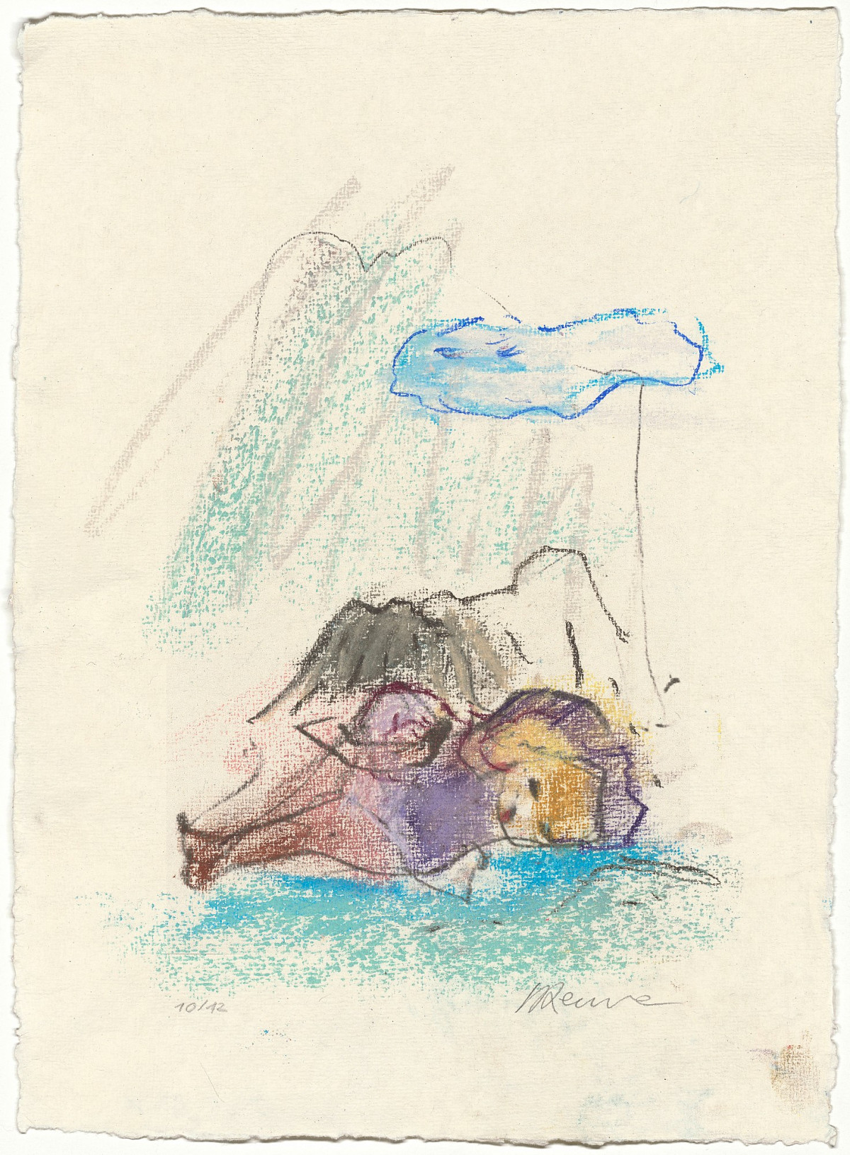 Zeichnung einer liegenden Figur vor Bergpanorama.