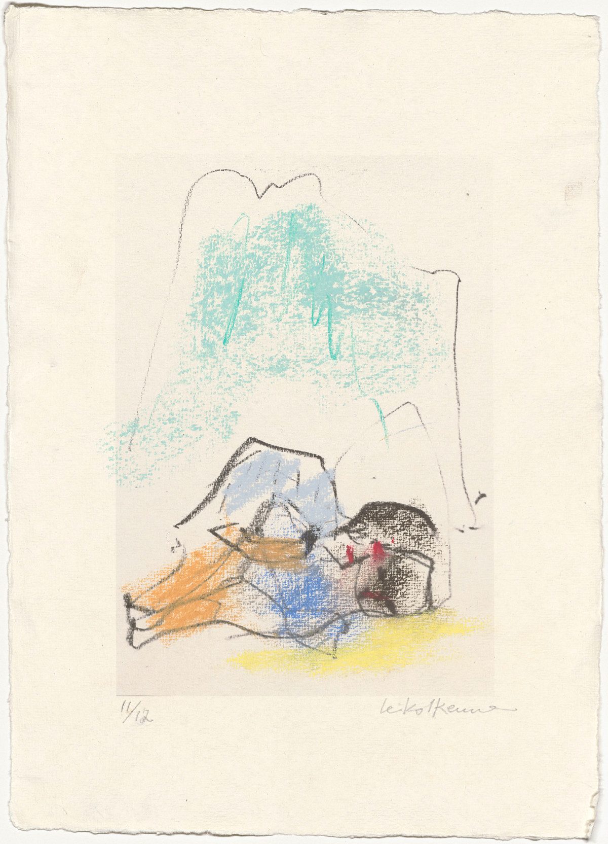 Zeichnung einer liegenden Figur vor Bergpanorama.