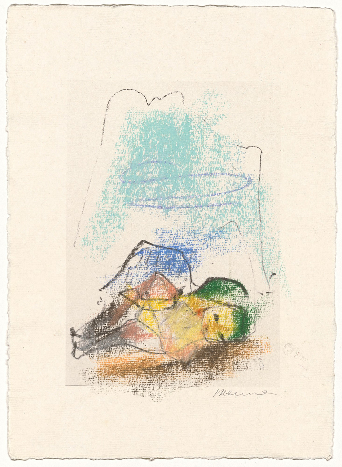 Drawing of a reclining figure in front of a mountain panorama.