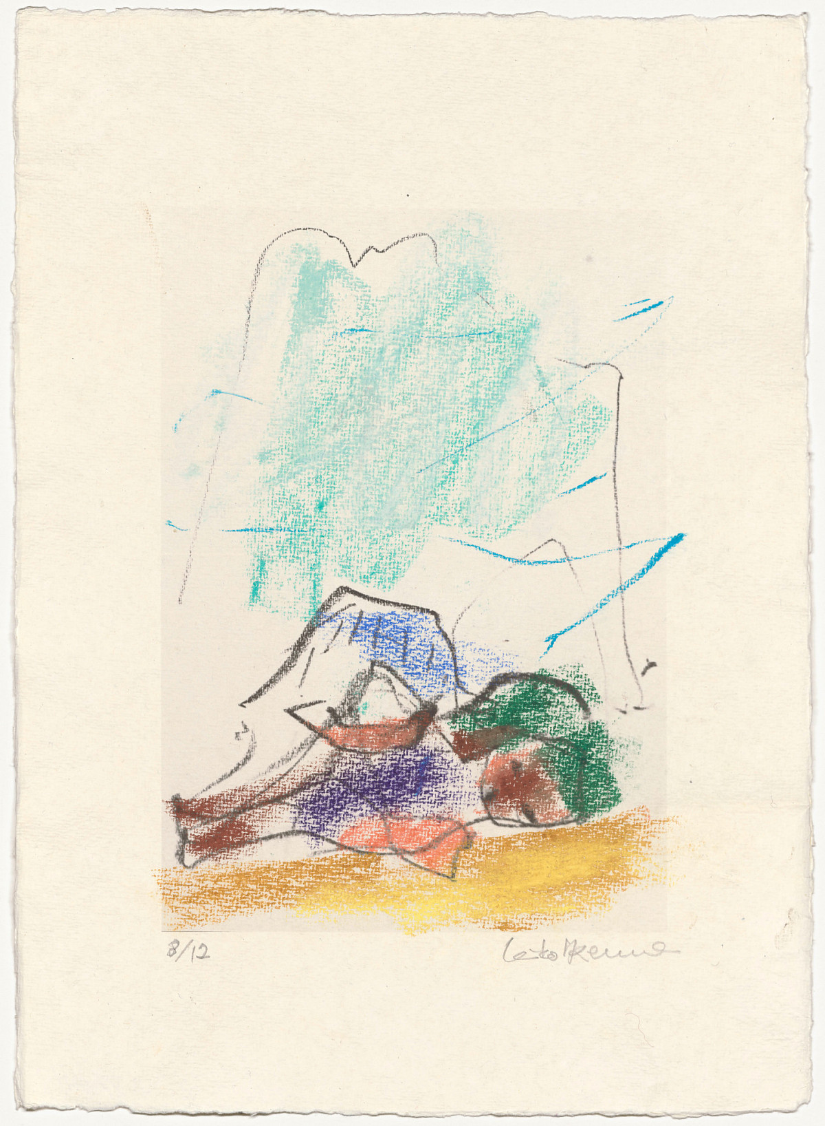 Zeichnung einer liegenden Figur vor Bergpanorama.