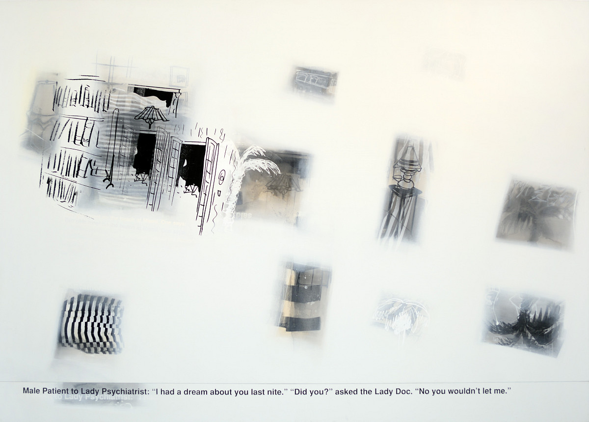 Several small black-and-white drawings scattered across the entire image. Below them is the following text in English: "Male patient to female psychiatrist: 'I had a dream about you last night.' 'Did you?' asked the female doctor. 'No, you wouldn't let me.'"