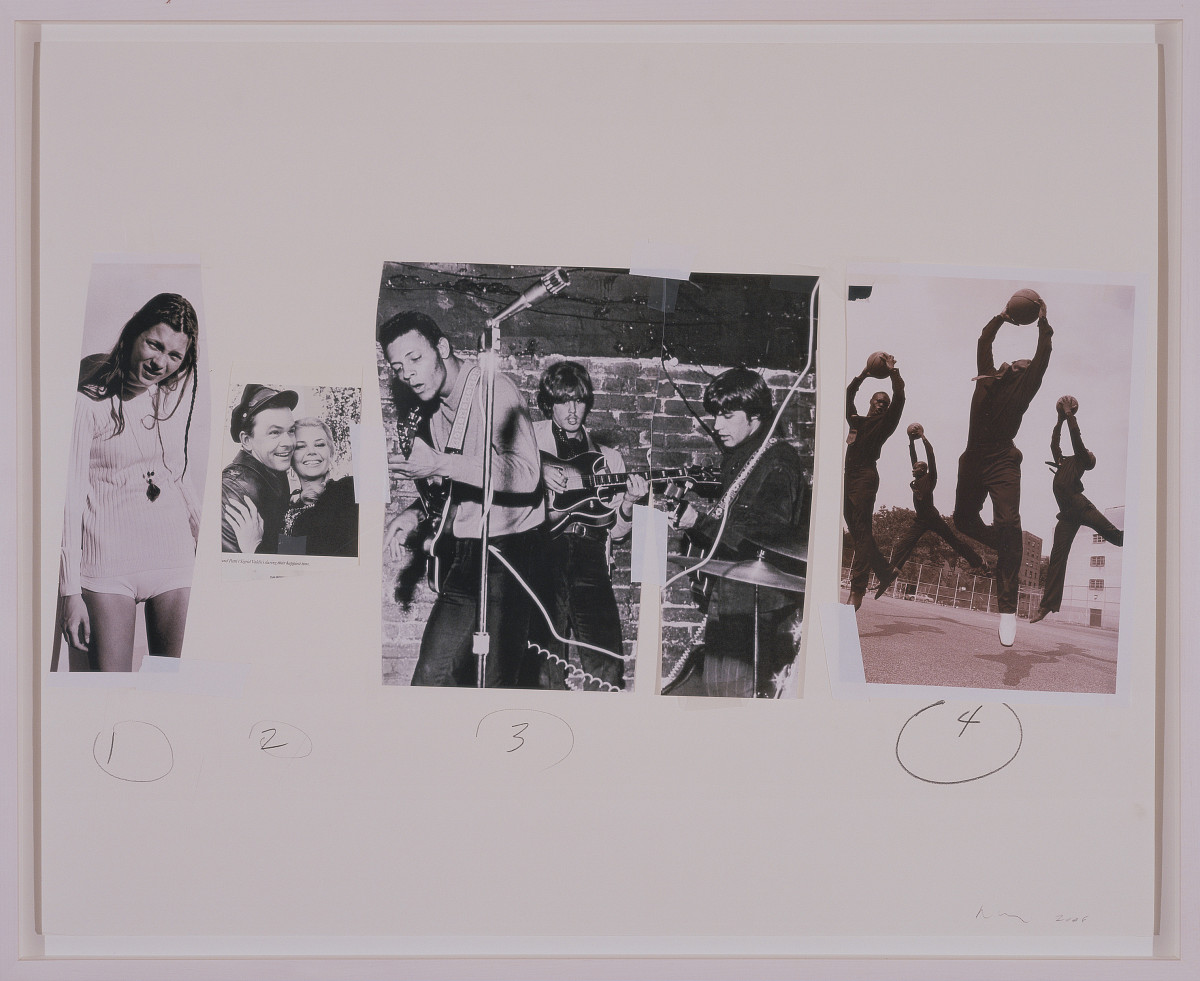 A landscape-oriented picture frame containing several black-and-white photographs of varying sizes arranged in a row. Below the photographs are the numbers 1 through 4, each circled.