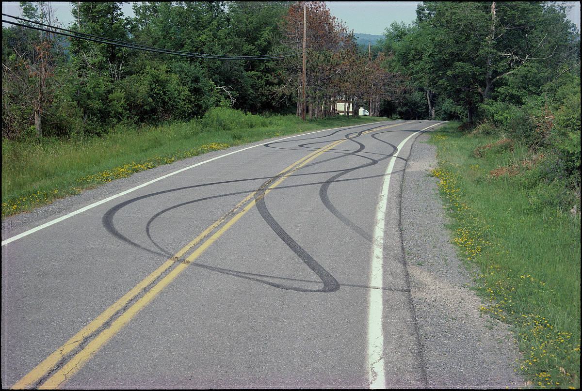 A road with two yellow center lines, flanked on both sides by green meadows and shrubs. Black tire marks can be seen on the road surface in the curves.