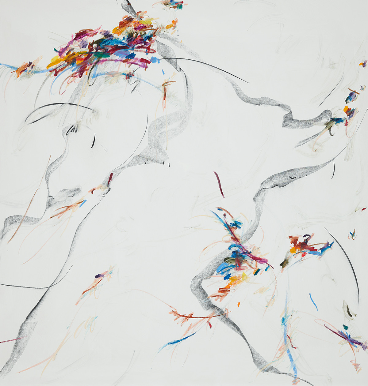 Large-scale canvas with gestural lines, overlapping areas, and marks in dark and light tones.