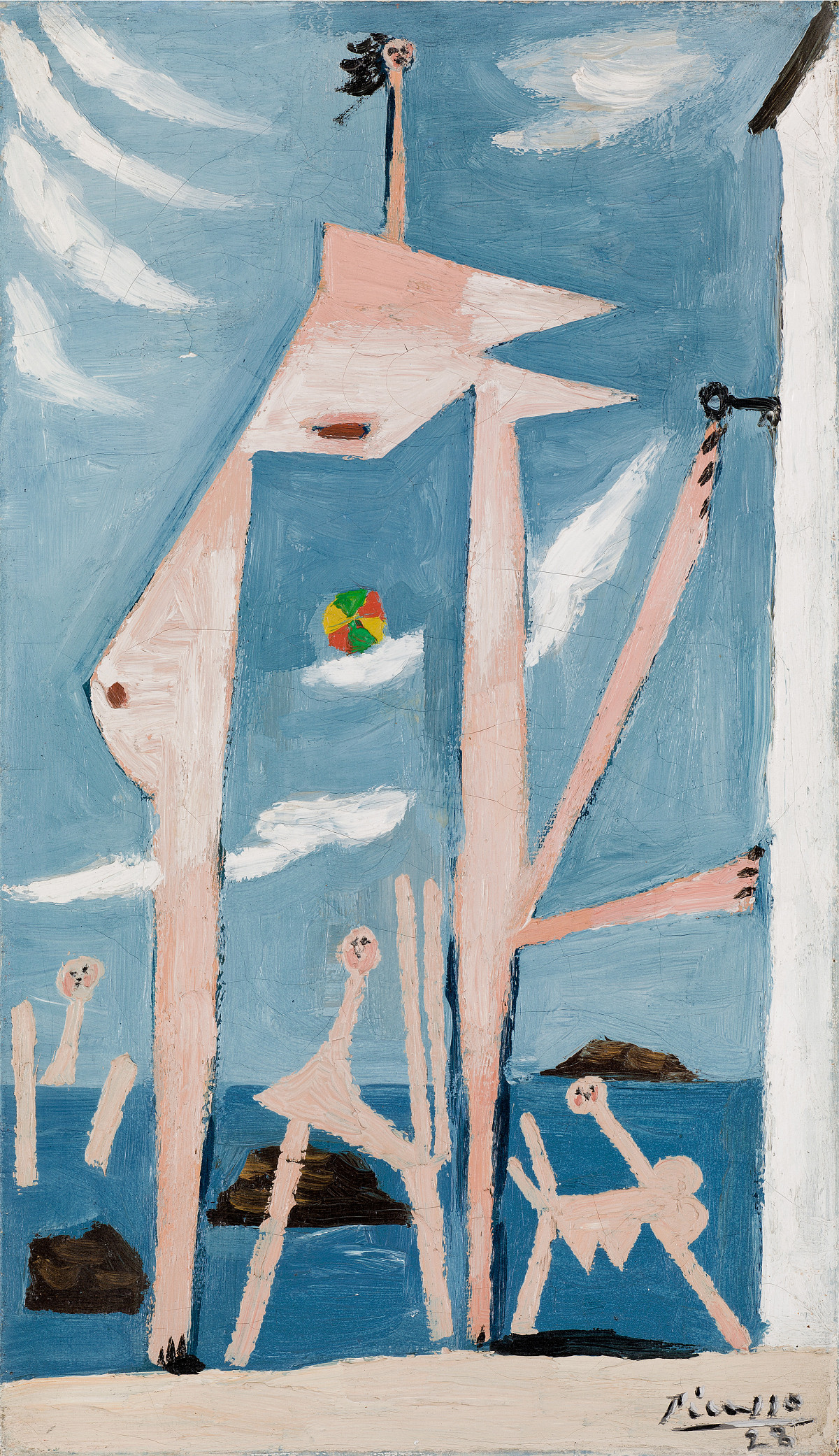 Abstract figures on the beach with a blue sea and rocks in the background. In the background, a blue sky with white clouds and a colorful ball.