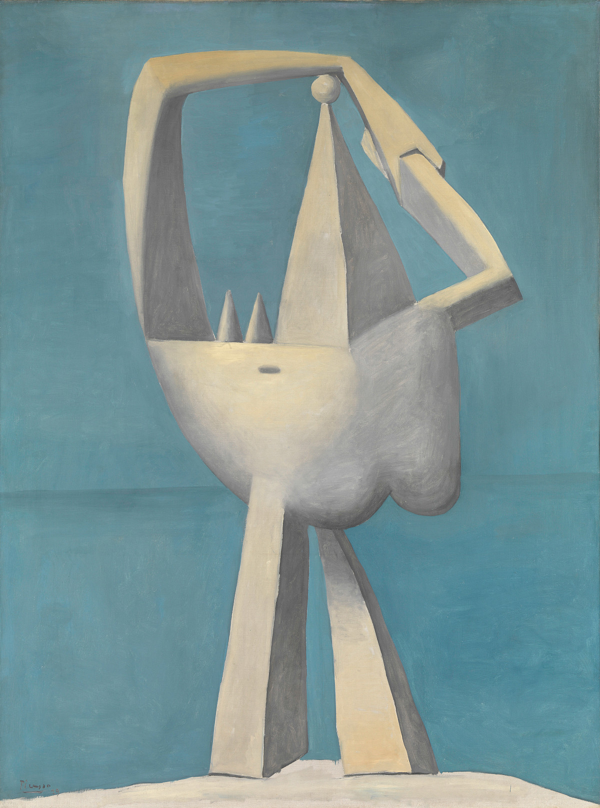 A beige-gray statue with two legs and arms. One arm is wrapped around the other. Instead of a head, there are geometric shapes. The background is blue.