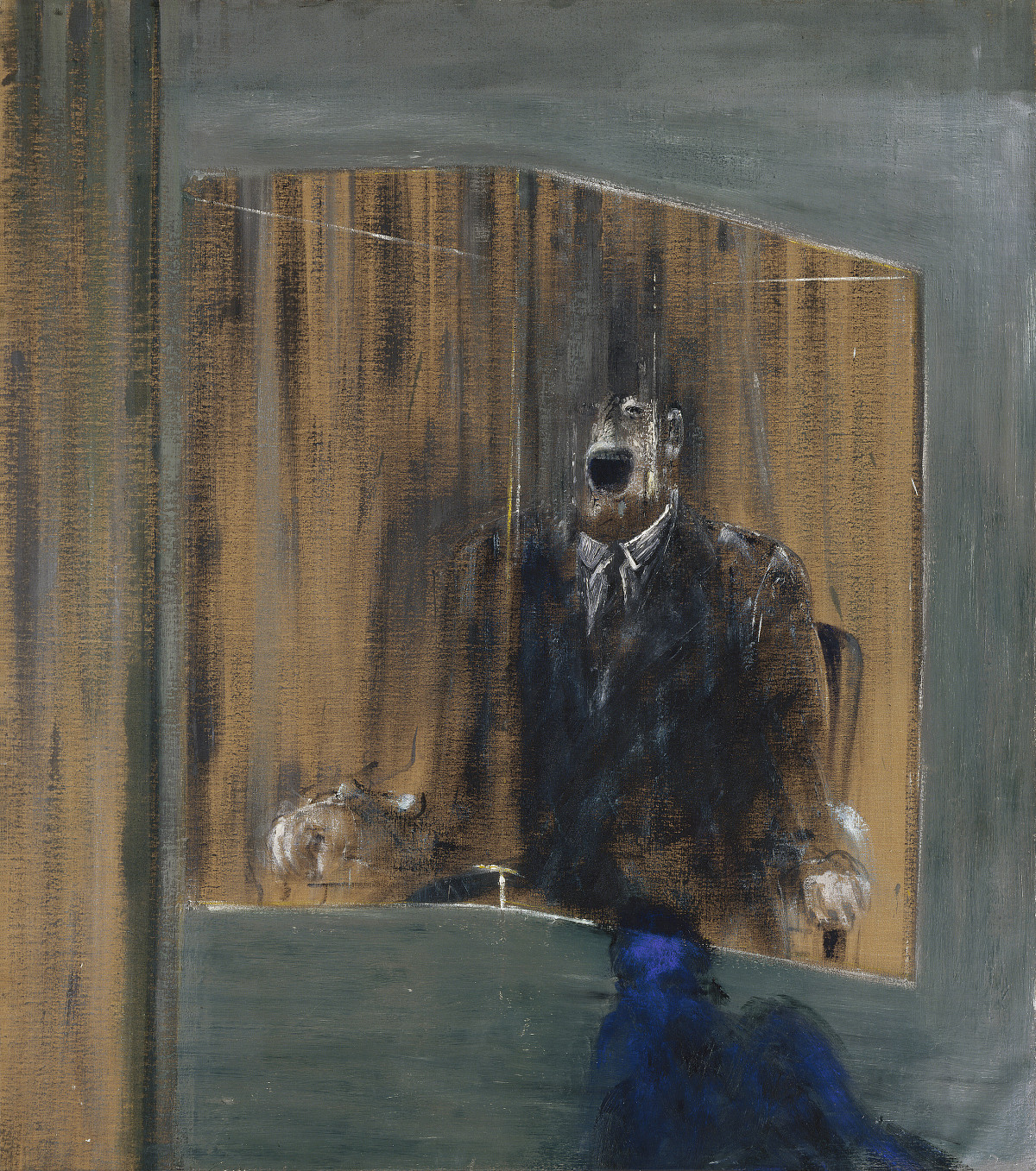 A distorted human figure in an interior setting, depicted from the front, with severely distorted facial features; the figure is sitting or standing against a dark, frame-like background, with blurred contours rendered in muted, contrasting colors.