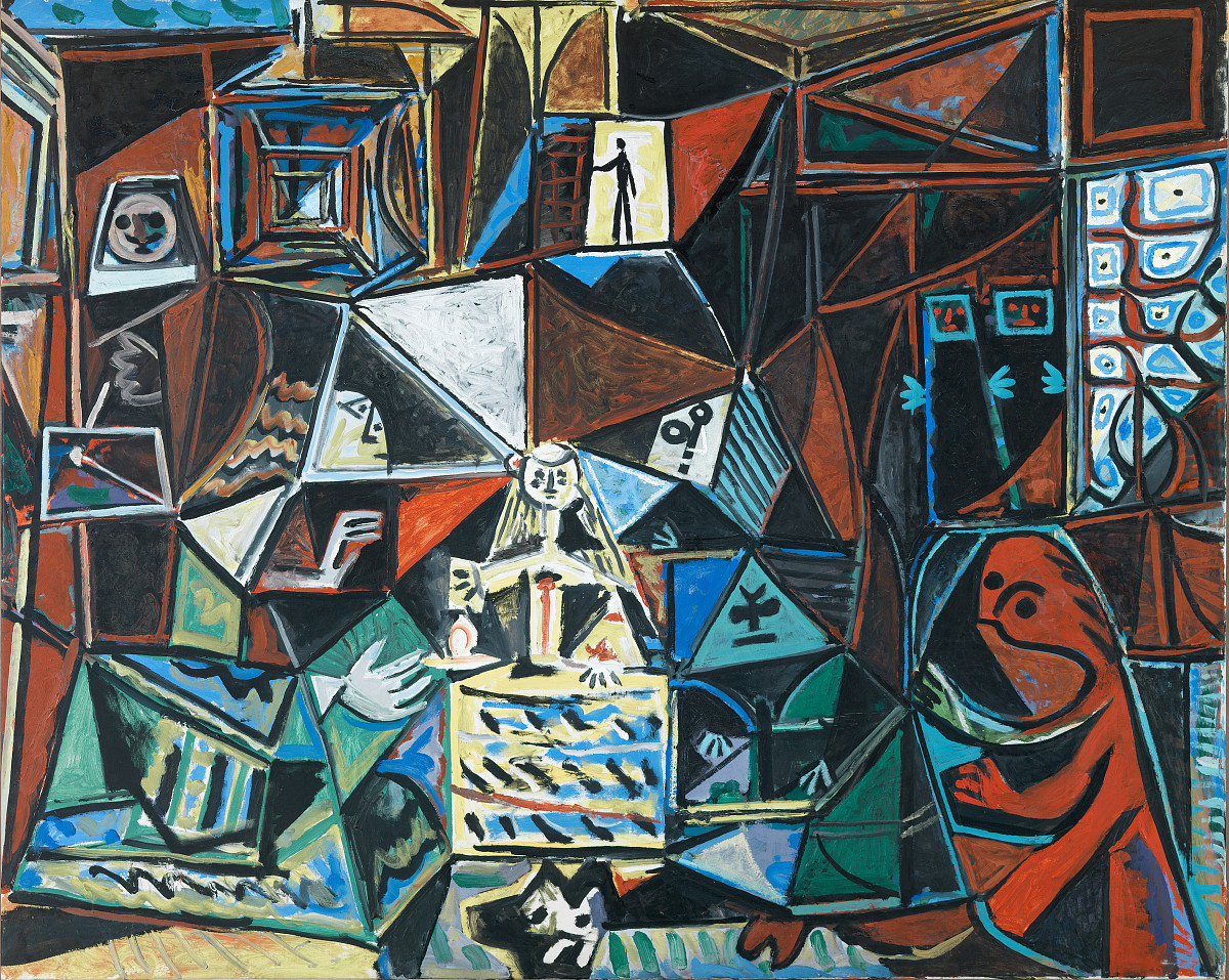 A group portrait of several figures in an interior setting: at the center, a large standing figure surrounded by other people and a dog; the bodies are broken down into angular, highly simplified forms, divided by high-contrast light-and-dark areas and clean lines.