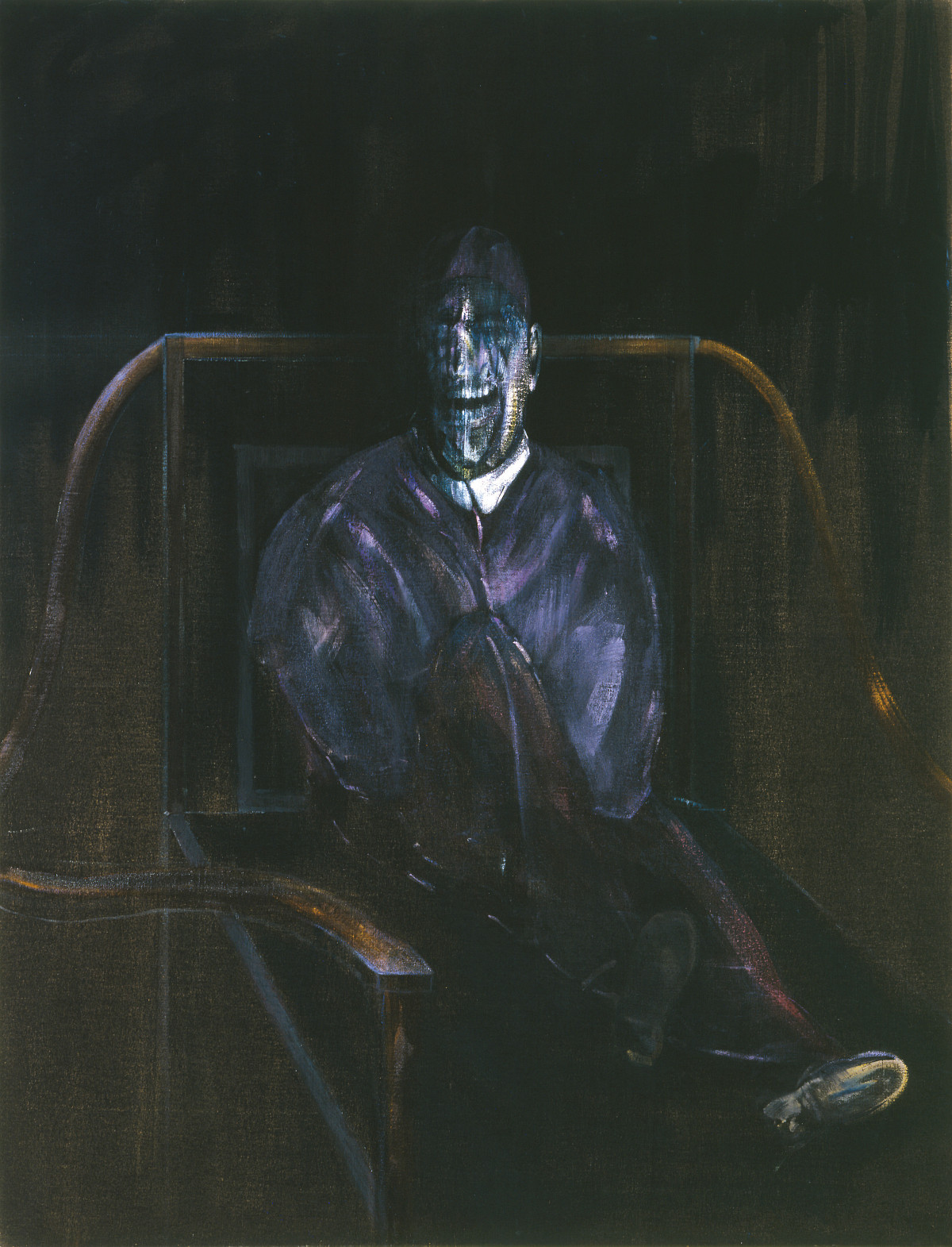 A seated human figure on a chair, depicted from the front, with distorted body shapes and facial features; surrounded by a suggested interior space with a frame-like structure, rendered in dark and flesh-toned hues.