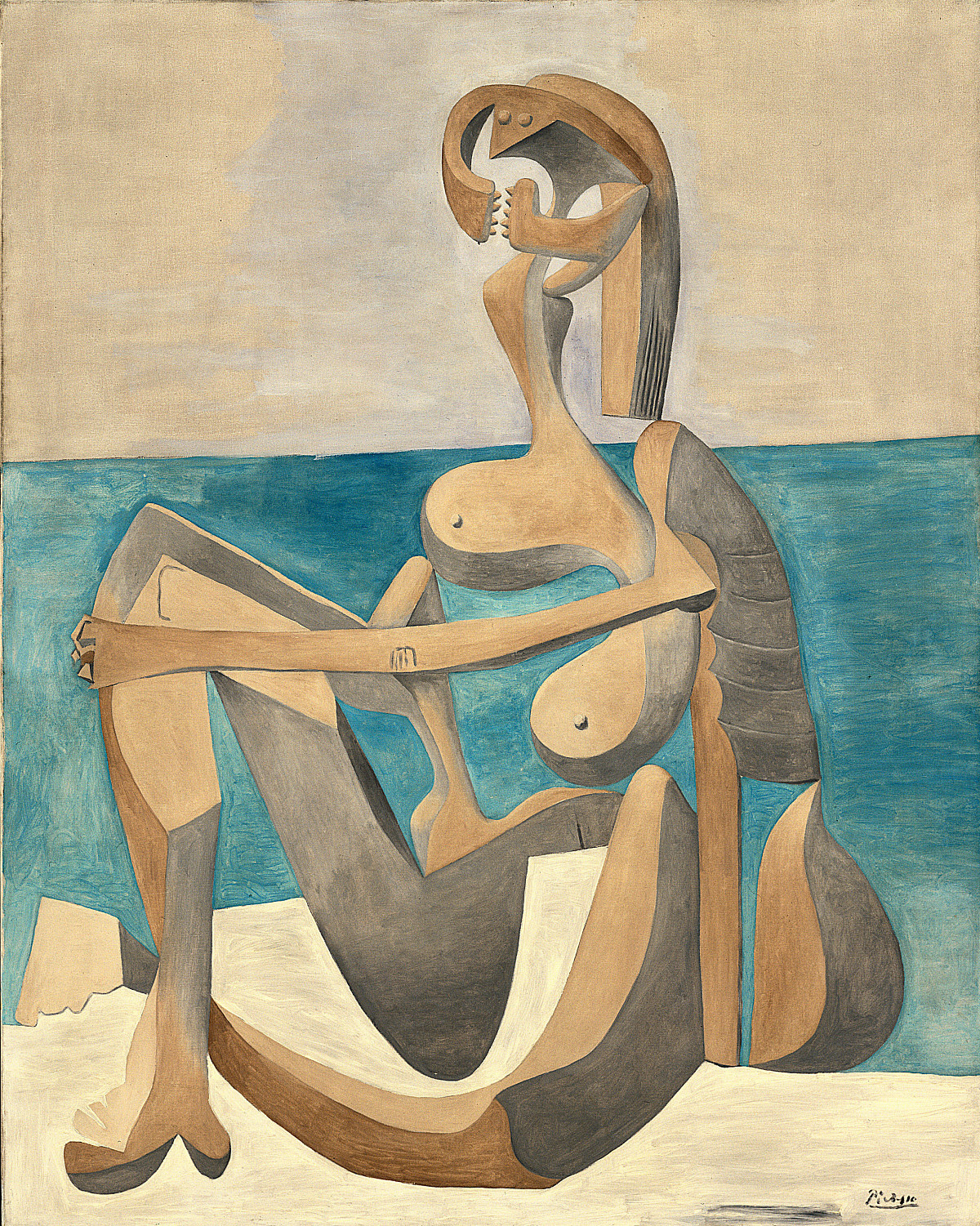 A seated female figure with highly simplified, rounded, and angular body forms; her arms and legs are bent, and her body fills most of the picture plane, with clearly defined areas of color and emphasized contours.