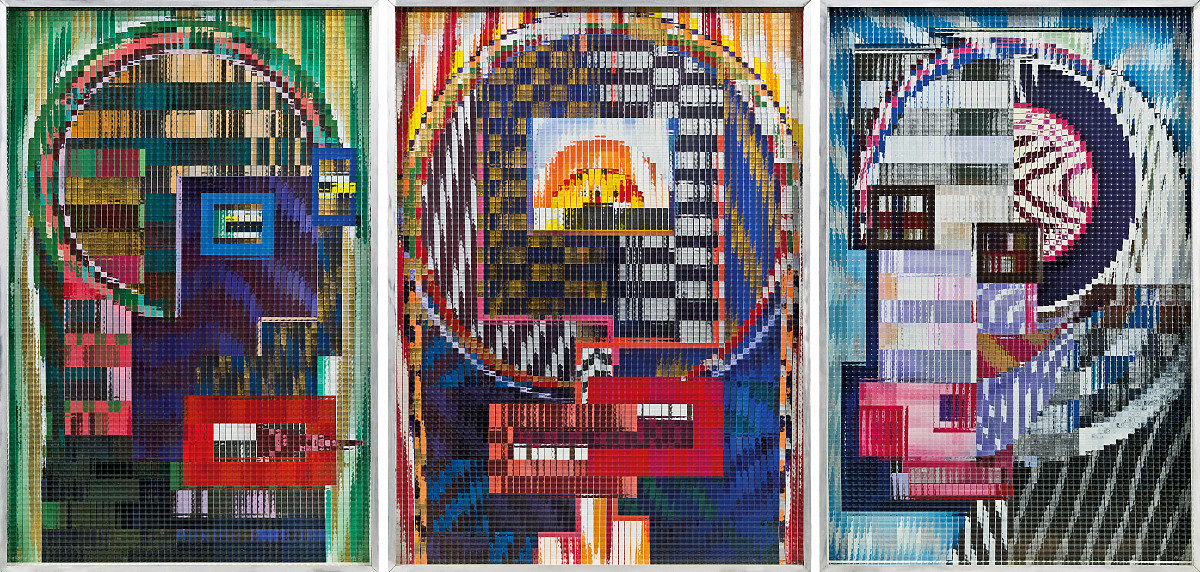 Three images side by side, each depicting a face composed of geometric shapes and patterns.