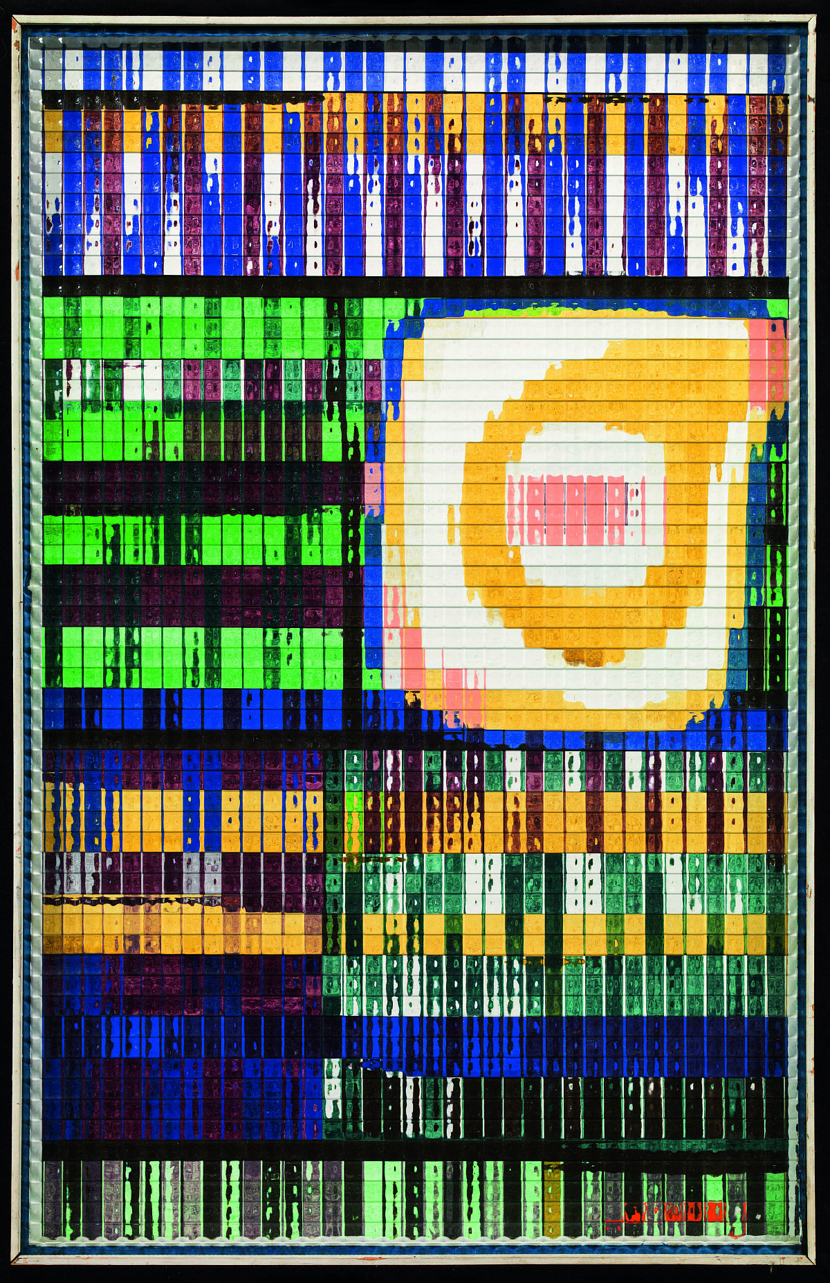 An image composed of colorful geometric shapes behind transparent, textured glass.