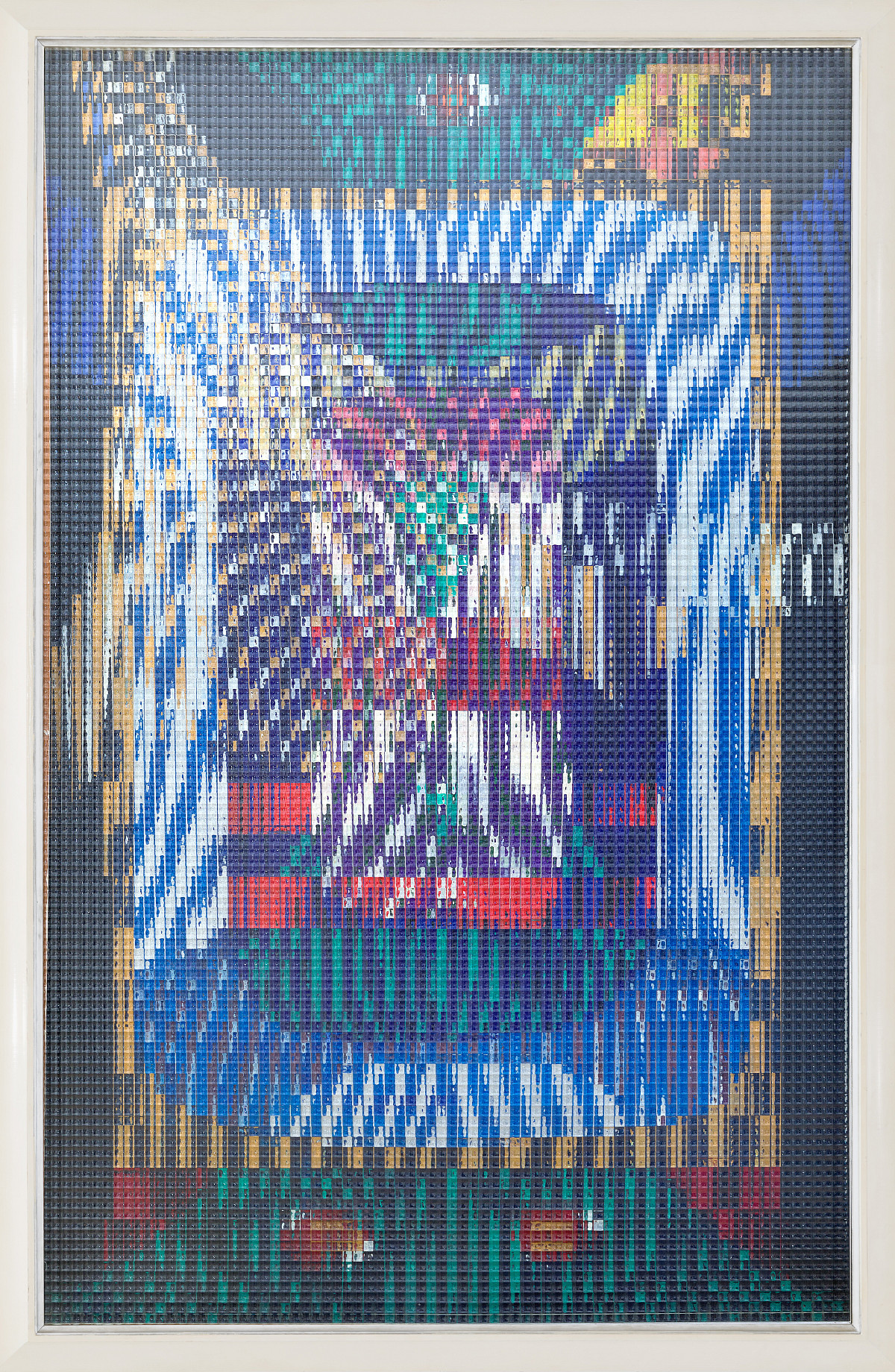 An abstract image composed of colorful patterns and shapes behind transparent, textured glass.