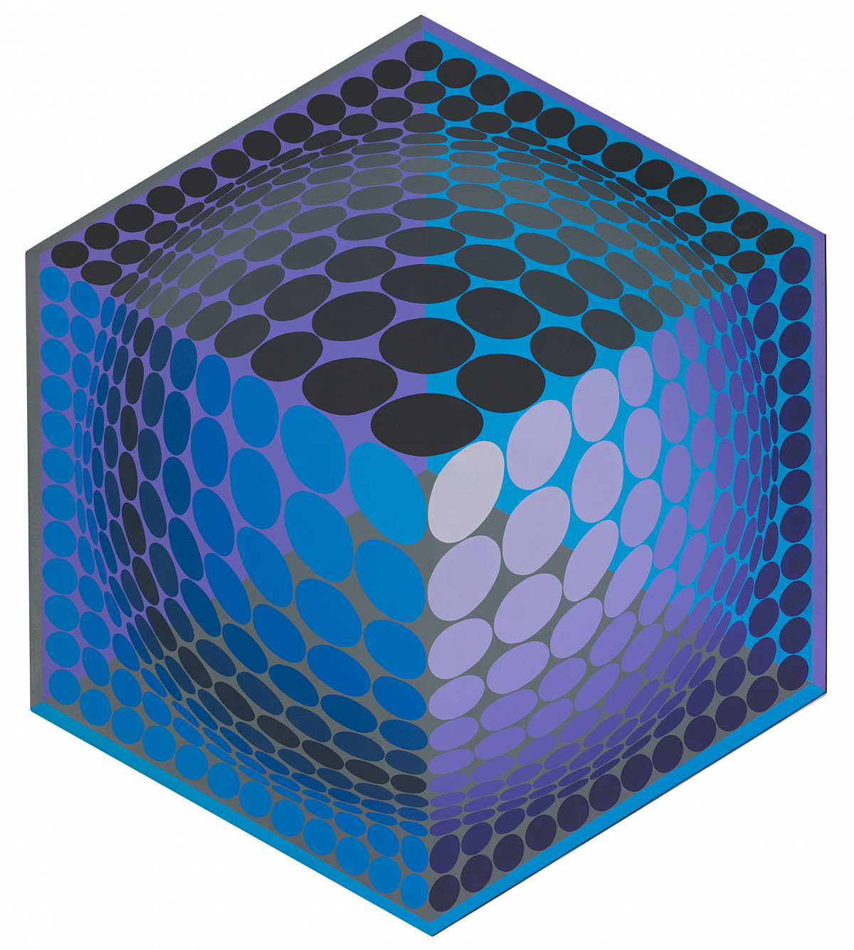 A 3D cube with blue, black, and purple circles arranged in a spherical pattern.
