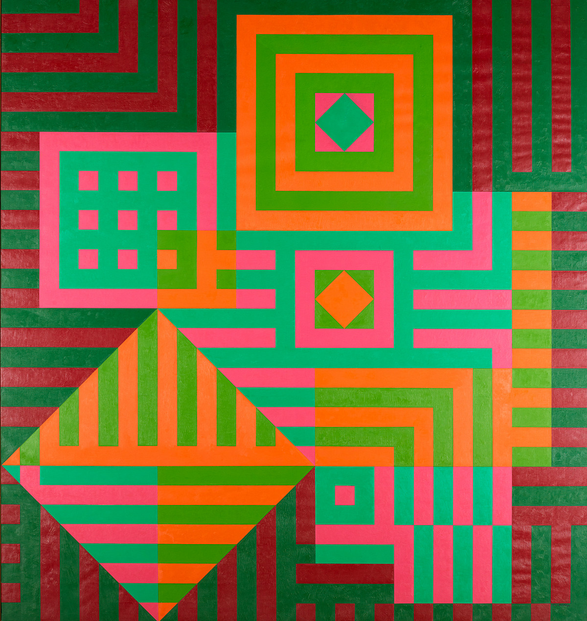 Arrangement of geometric patterns and lines in shades of green and red, some of which form squares and other shapes. | Victor Vasarely | Kiu-Siu, 1963 | The ALBERTINA Museum, Vienna – The ESSL Collection © Bildrecht, Vienna 2025