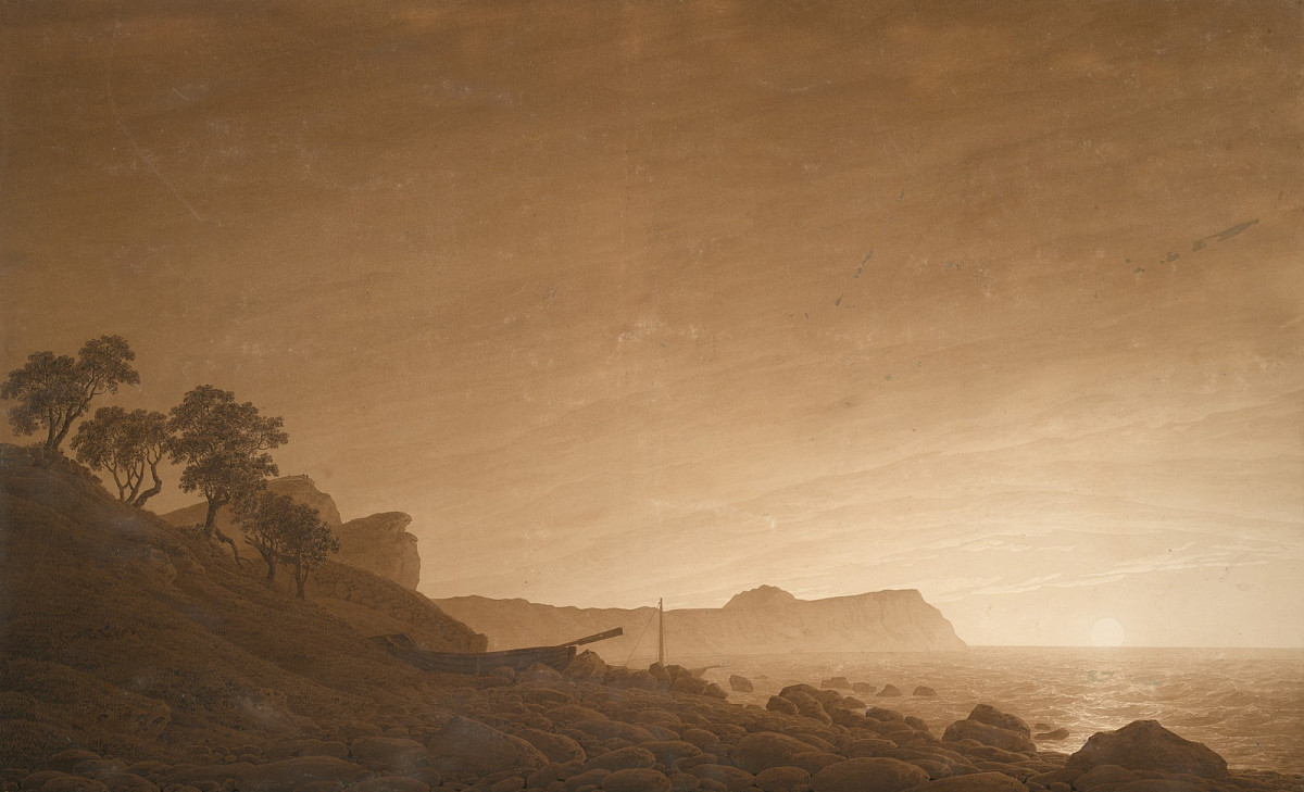 Zeichnung einer Insel mit Steinstrand und im Hintergrund der aufgehende Mond über dem Meer.