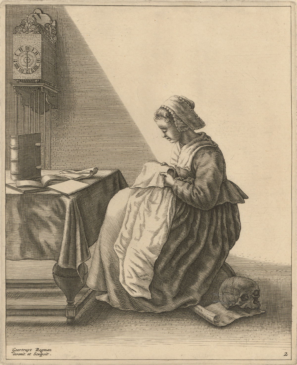 A woman is sitting at a table, embroidering a cloth. A book is standing upright on the table, and a clock hangs on the wall.