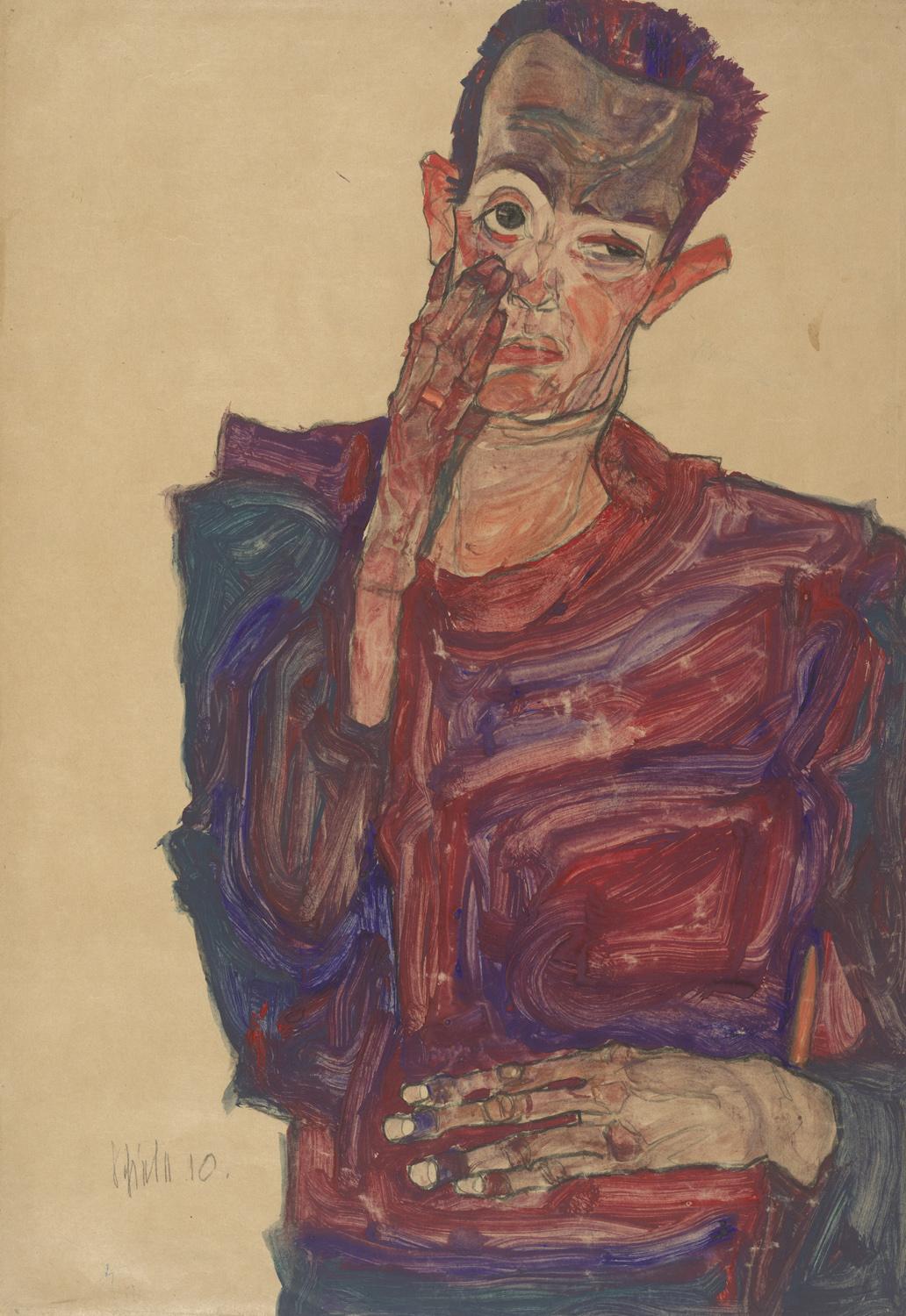 Egon Schiele: Selbstbildnis mit herabgezogenem Augenlid, 1910