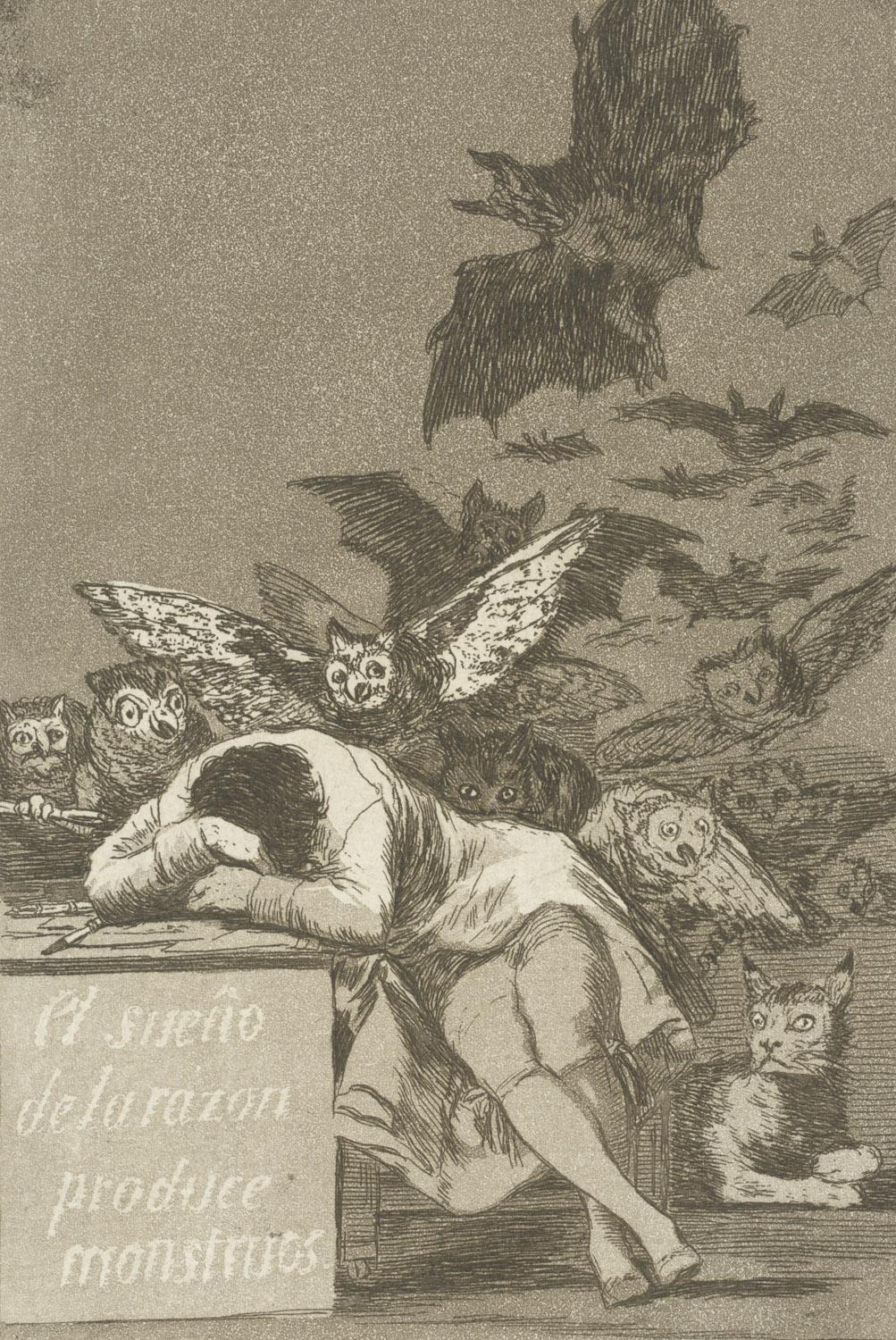 Francisco José de Goya y Lucientes: Los Caprichos: El sueño de la razon produce monstruos - Der Traum der Vernunft gebiert Ungeheuer., um 1794-98 / 1803 (1. Ausgabe)