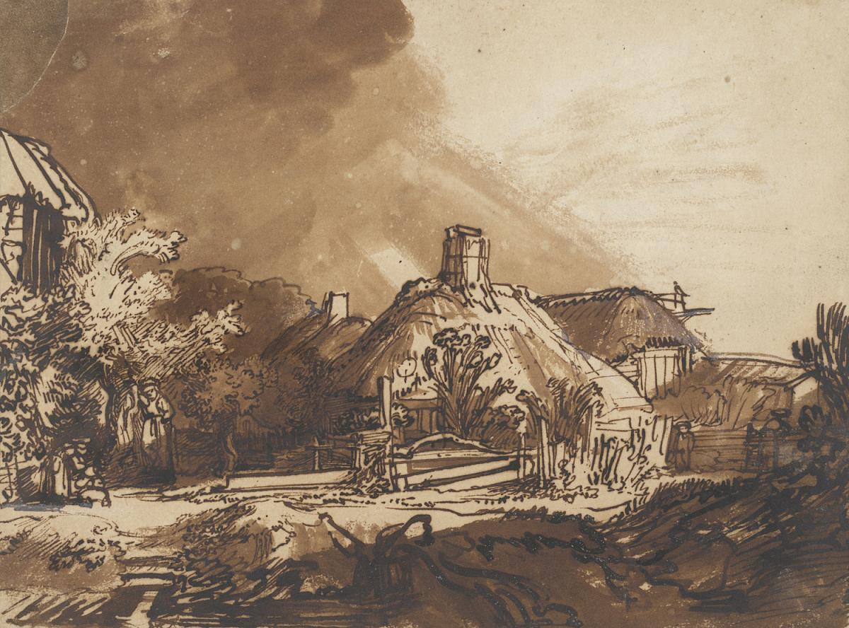 Rembrandt Harmensz. van Rijn: Bauernhaus unter stürmischem Himmel, um 1635