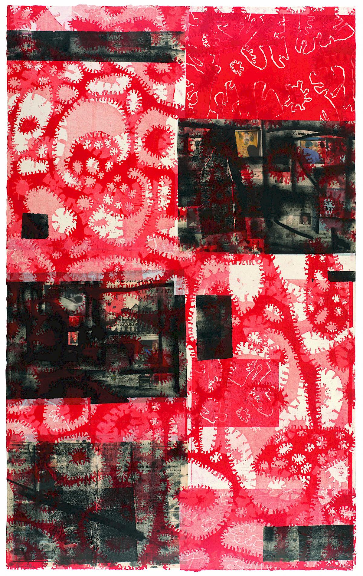 Gunter Damisch: Red side-world-way-net. Monotype newspaper collages., 2011